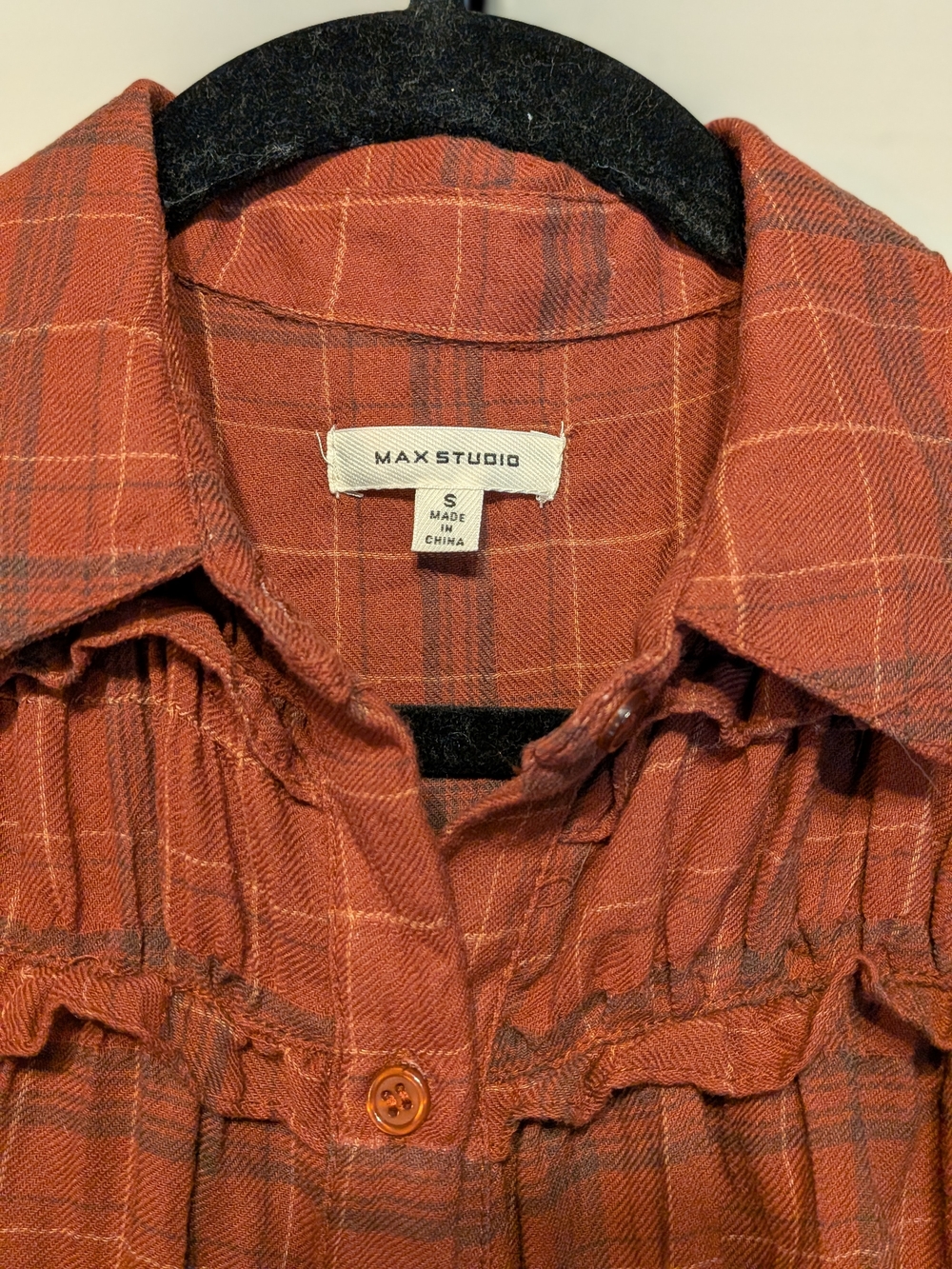 Max Studio Ruffle-Yoke Button-Front Blouse in Rust - Picture 10 of 11